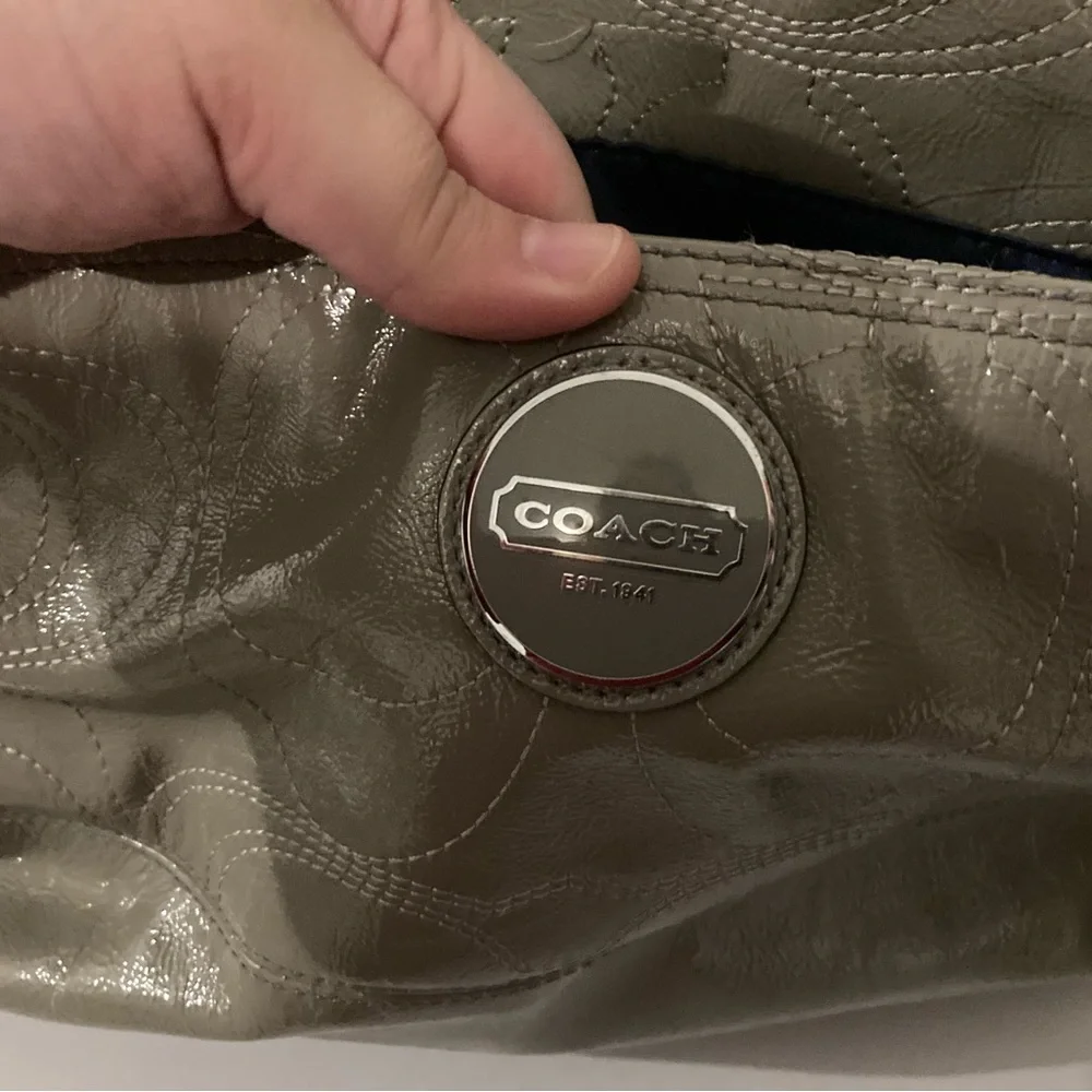 coach baby diaper bag tote pewter grey leather navy blue fabric lined interior